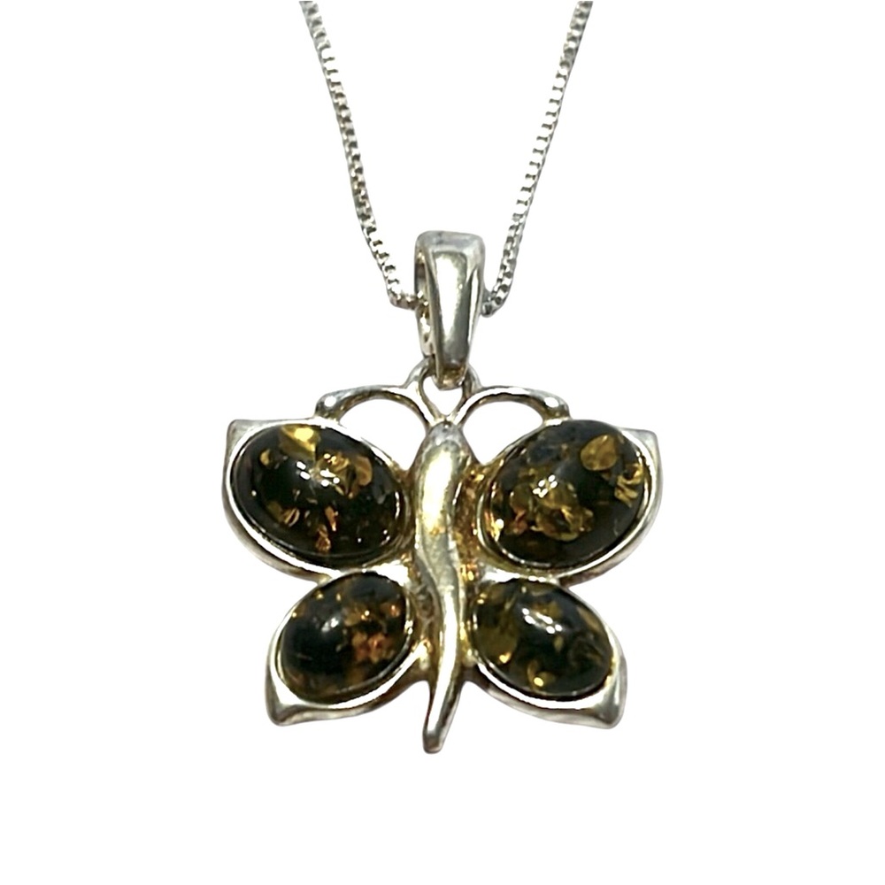 Green Baltic Amber Butterfly Pendant set in Sterling Silver on SS Chain